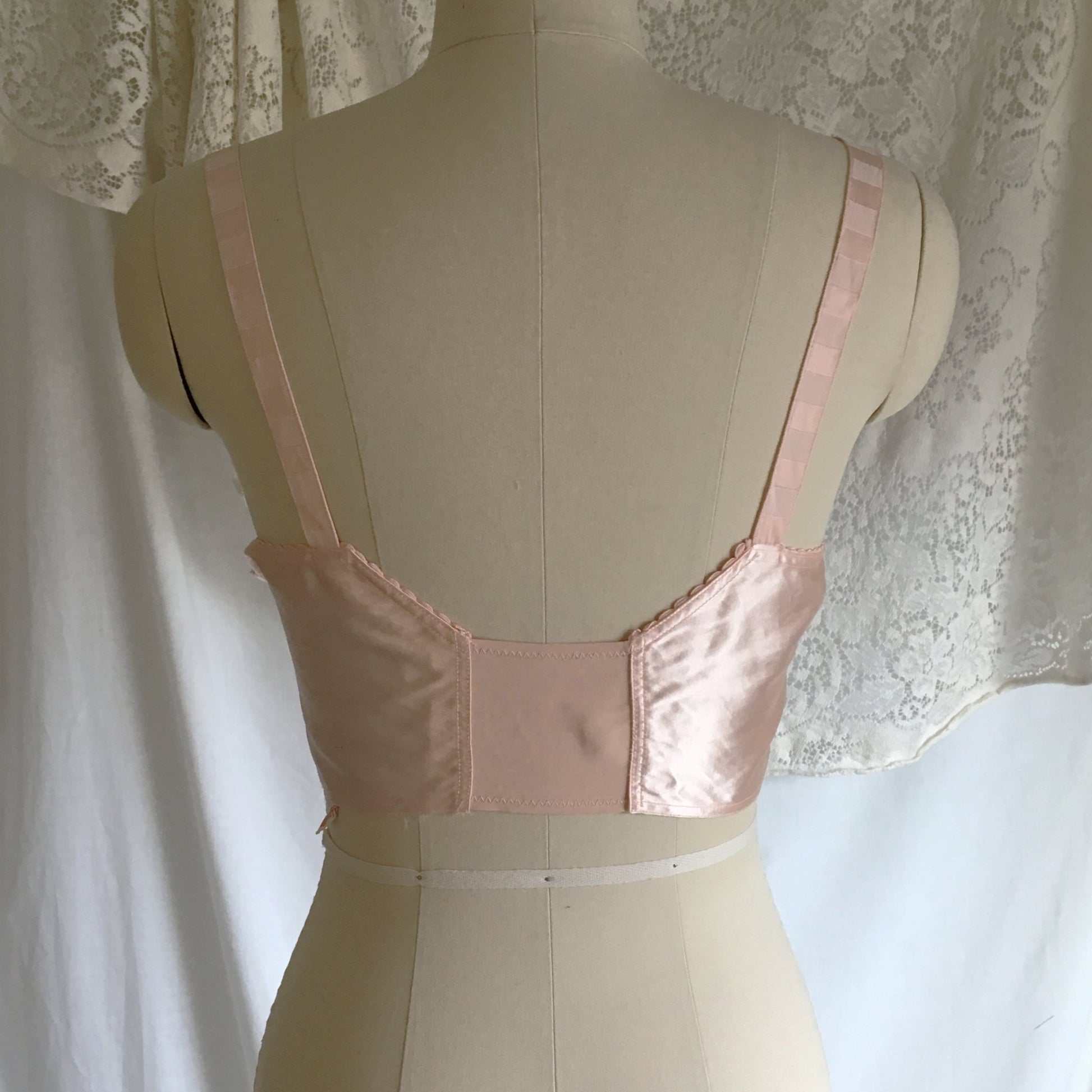 Vintage 1940's Longline Bra | Bubblegum Pink Satin & Lace with Bullet Cups | Bellavita | Size 38 B, 36 C - Daggers & Dames