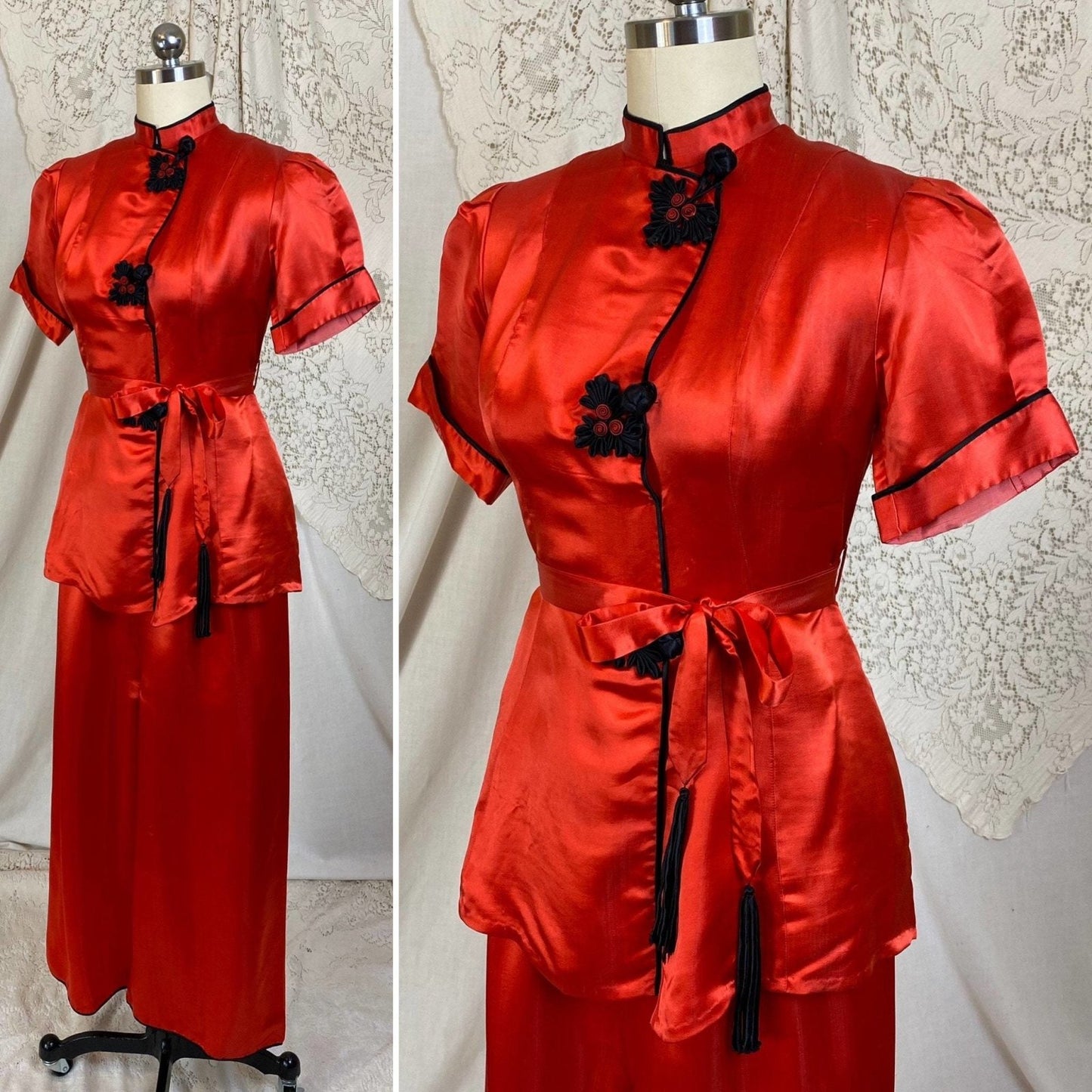 Vintage 1940's Lounge Set | Bright Red Silk with Frog Buttons & Fringe Sash Tie | Size XS, S | Made in China - Daggers & Dames