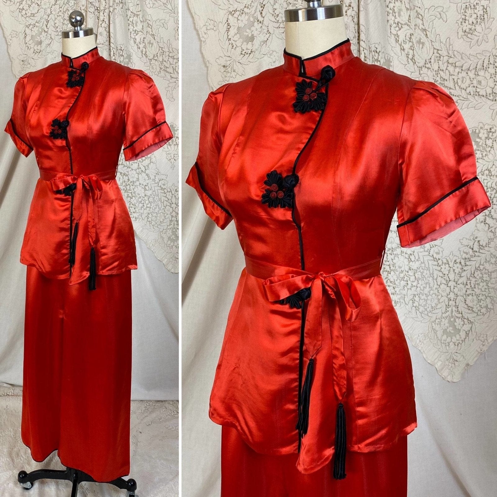 Vintage 1940's Lounge Set | Bright Red Silk with Frog Buttons & Fringe Sash Tie | Size XS, S | Made in China - Daggers & Dames
