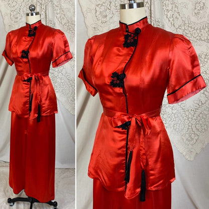 Vintage 1940's Lounge Set | Bright Red Silk with Frog Buttons & Fringe Sash Tie | Size XS, S | Made in China - Daggers & Dames