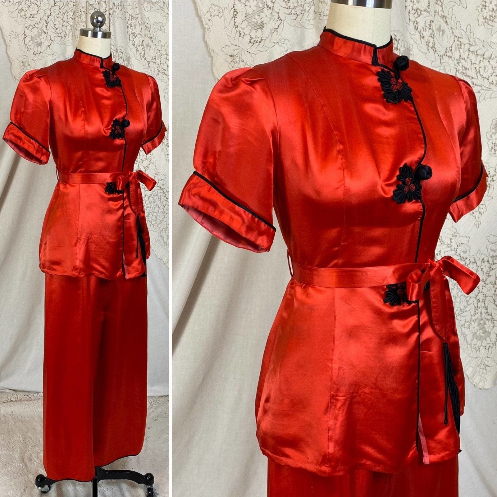 Vintage 1940's Lounge Set | Bright Red Silk with Frog Buttons & Fringe Sash Tie | Size XS, S | Made in China - Daggers & Dames