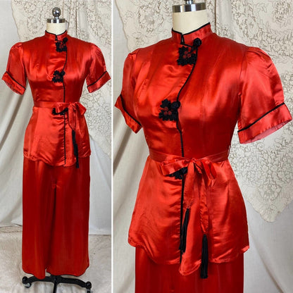 Vintage 1940's Lounge Set | Bright Red Silk with Frog Buttons & Fringe Sash Tie | Size XS, S | Made in China - Daggers & Dames