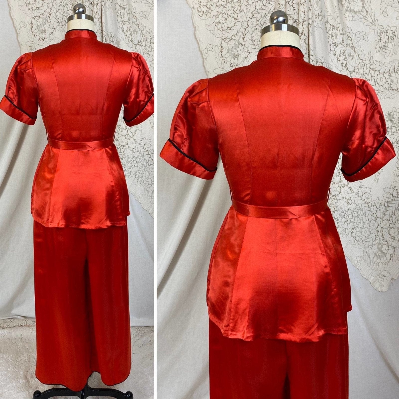 Vintage 1940's Lounge Set | Bright Red Silk with Frog Buttons & Fringe Sash Tie | Size XS, S | Made in China - Daggers & Dames