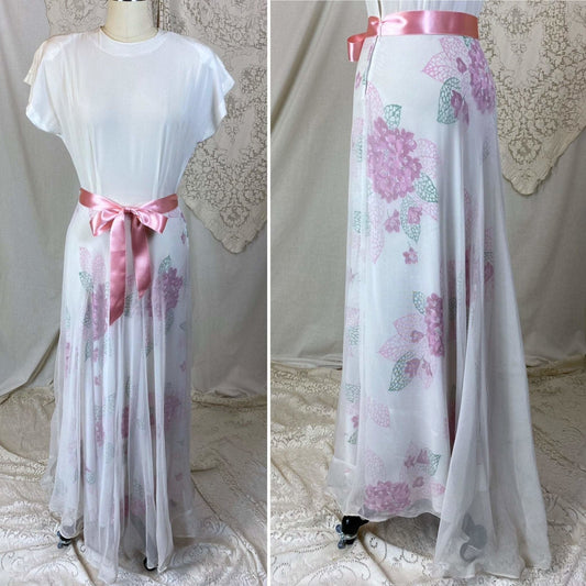 Vintage 1940's Maxi Dress | Crisp White Rayon Crepe with Bold Pink Floral Print & Net Overlay | Size S, XS - Daggers & Dames