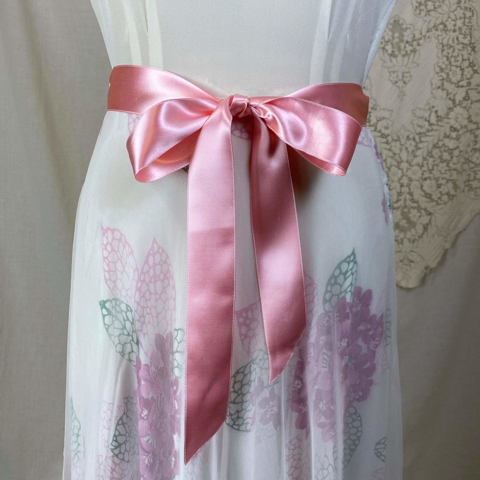 Vintage 1940's Maxi Dress | Crisp White Rayon Crepe with Bold Pink Floral Print & Net Overlay | Size S, XS - Daggers & Dames