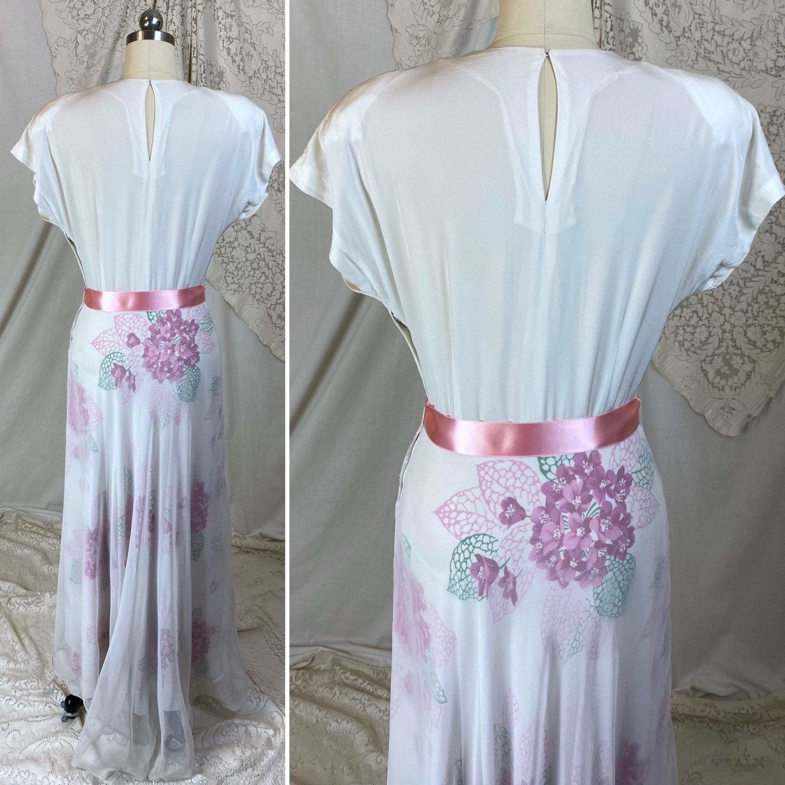 Vintage 1940's Maxi Dress | Crisp White Rayon Crepe with Bold Pink Floral Print & Net Overlay | Size S, XS - Daggers & Dames