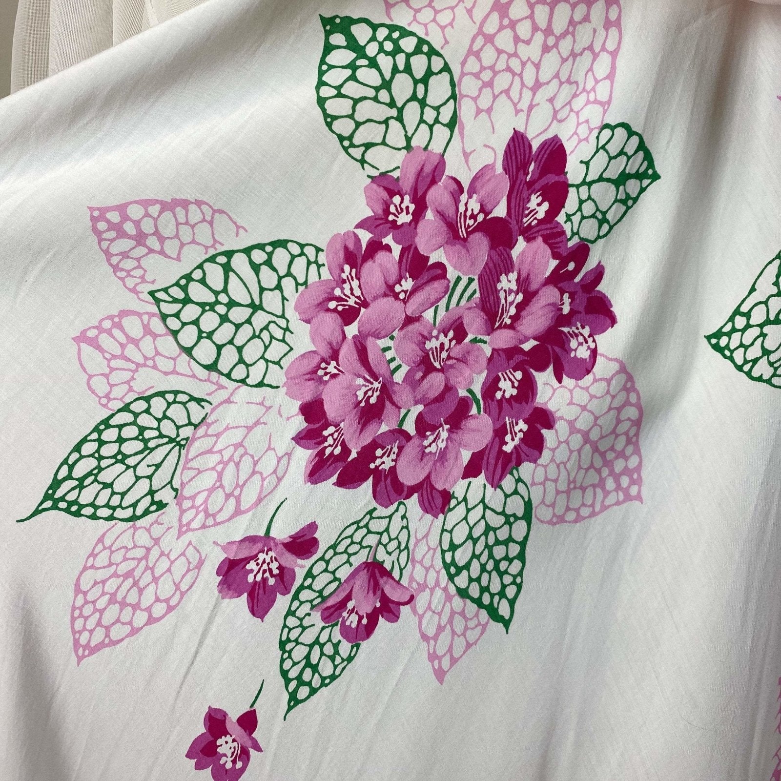 Vintage 1940's Maxi Dress | Crisp White Rayon Crepe with Bold Pink Floral Print & Net Overlay | Size S, XS - Daggers & Dames