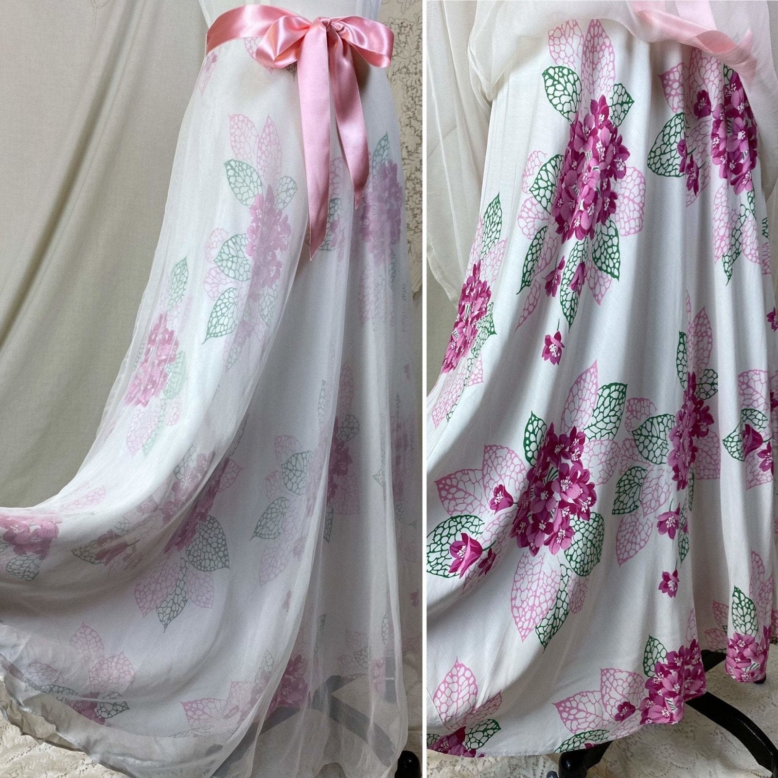 Vintage 1940's Maxi Dress | Crisp White Rayon Crepe with Bold Pink Floral Print & Net Overlay | Size S, XS - Daggers & Dames