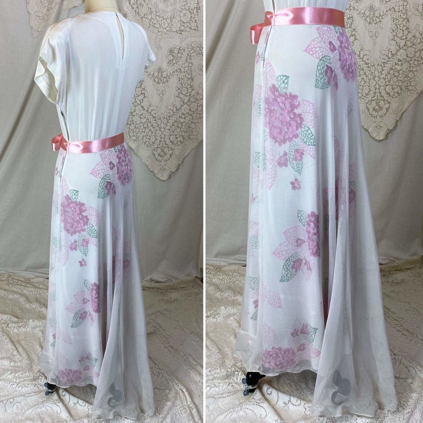 Vintage 1940's Maxi Dress | Crisp White Rayon Crepe with Bold Pink Floral Print & Net Overlay | Size S, XS - Daggers & Dames