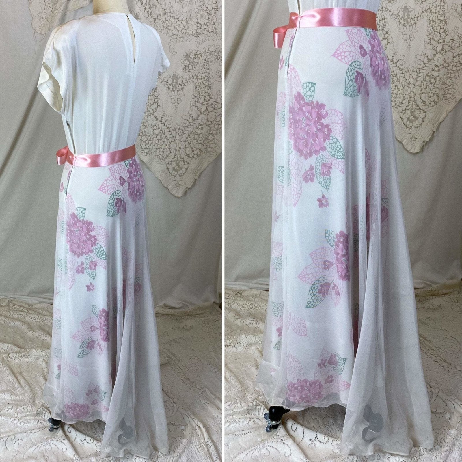 Vintage 1940's Maxi Dress | Crisp White Rayon Crepe with Bold Pink Floral Print & Net Overlay | Size S, XS - Daggers & Dames