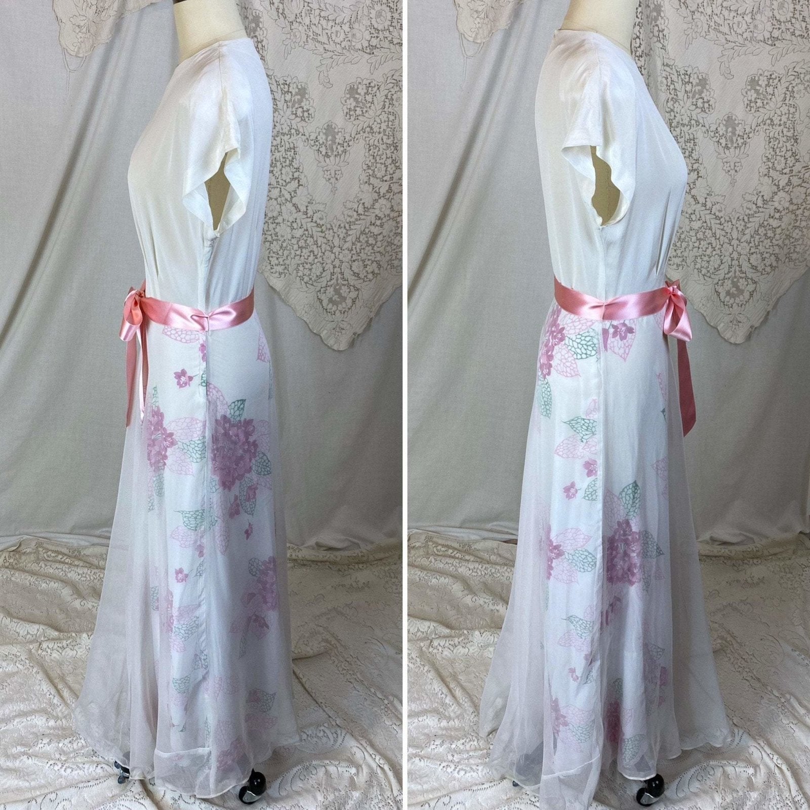 Vintage 1940's Maxi Dress | Crisp White Rayon Crepe with Bold Pink Floral Print & Net Overlay | Size S, XS - Daggers & Dames