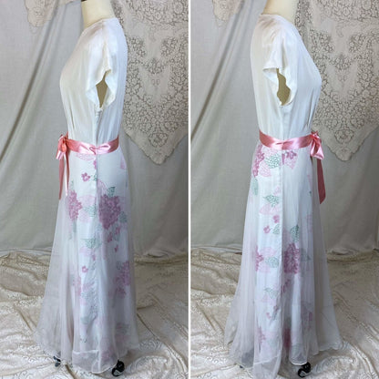 Vintage 1940's Maxi Dress | Crisp White Rayon Crepe with Bold Pink Floral Print & Net Overlay | Size S, XS - Daggers & Dames