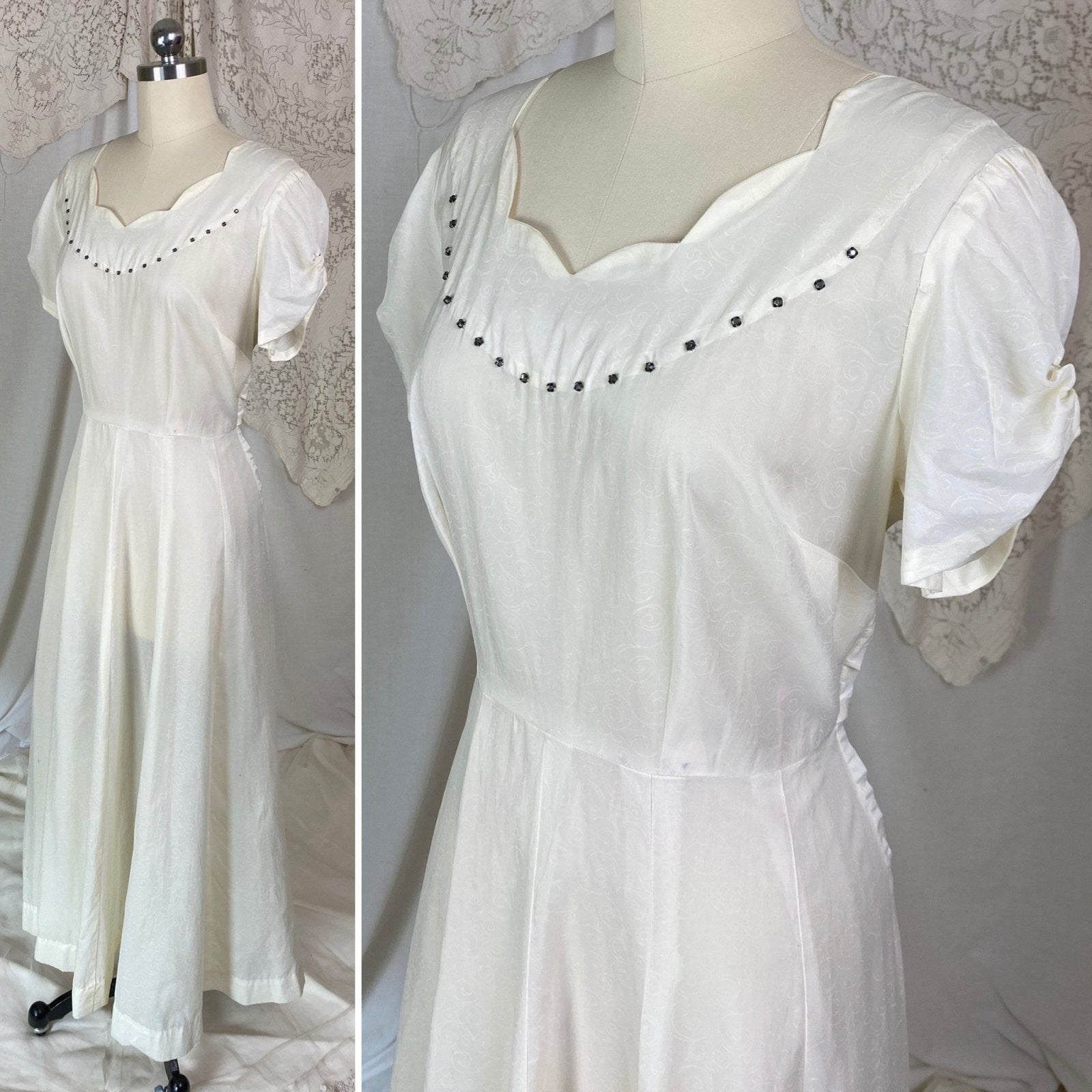 Vintage 1940's Maxi Dress | Semi-Sheer Cream Organza with Swirl Pattern & Rhinestones | Size M, LG - Daggers & Dames