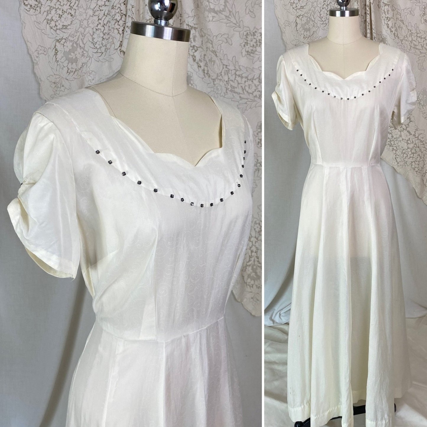 Vintage 1940's Maxi Dress | Semi-Sheer Cream Organza with Swirl Pattern & Rhinestones | Size M, LG - Daggers & Dames
