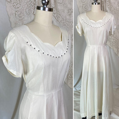 Vintage 1940's Maxi Dress | Semi-Sheer Cream Organza with Swirl Pattern & Rhinestones | Size M, LG - Daggers & Dames
