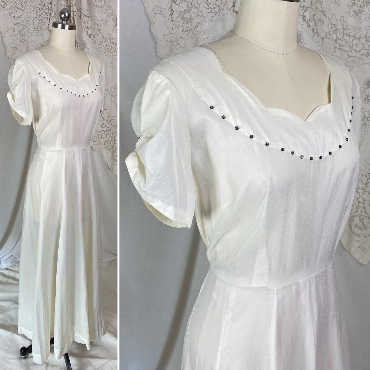 Vintage 1940's Maxi Dress | Semi-Sheer Cream Organza with Swirl Pattern & Rhinestones | Size M, LG - Daggers & Dames