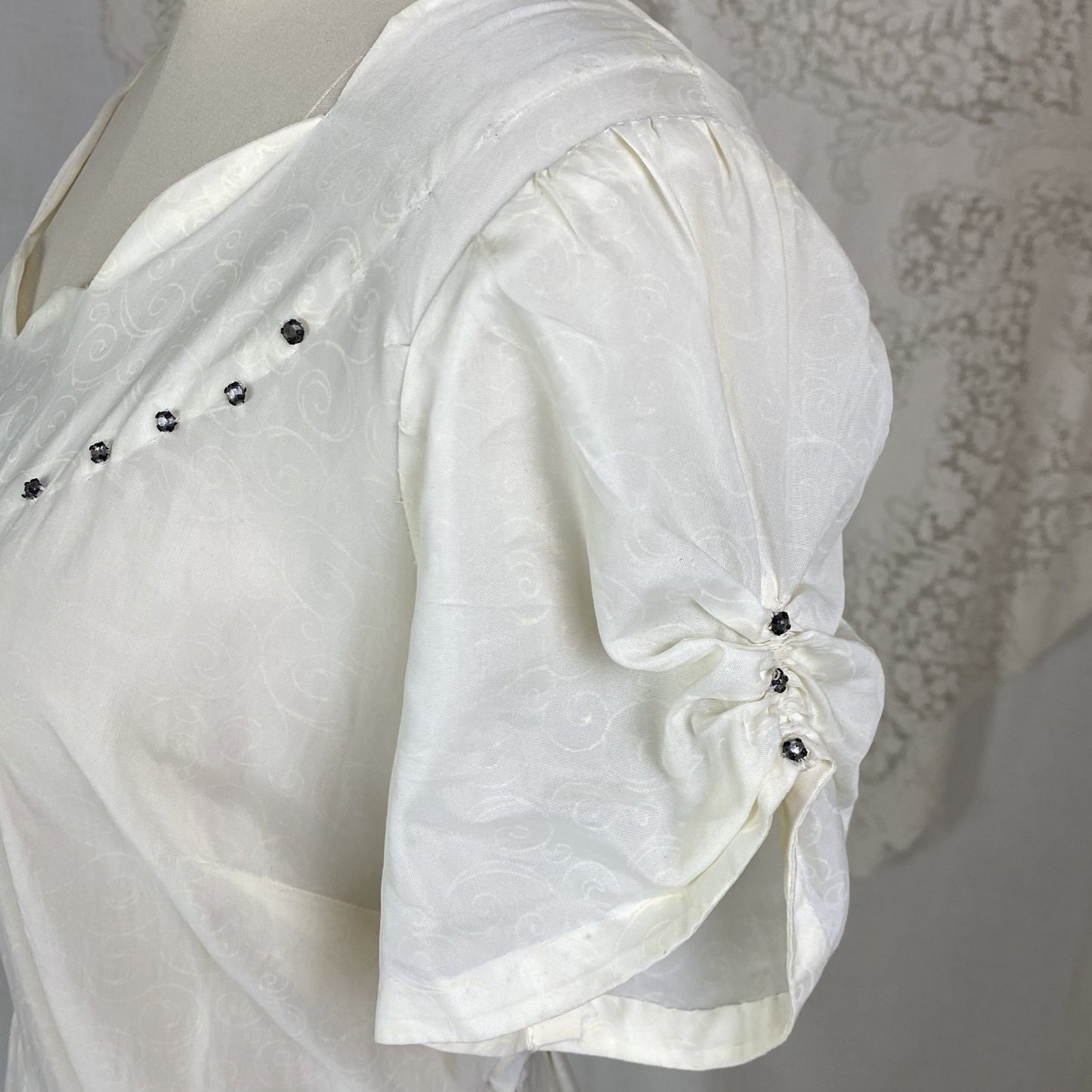 Vintage 1940's Maxi Dress | Semi-Sheer Cream Organza with Swirl Pattern & Rhinestones | Size M, LG - Daggers & Dames
