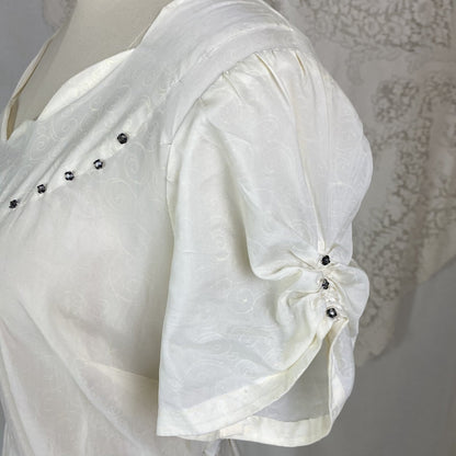 Vintage 1940's Maxi Dress | Semi-Sheer Cream Organza with Swirl Pattern & Rhinestones | Size M, LG - Daggers & Dames