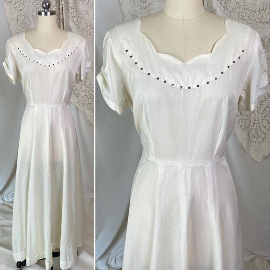 Vintage 1940's Maxi Dress | Semi-Sheer Cream Organza with Swirl Pattern & Rhinestones | Size M, LG - Daggers & Dames