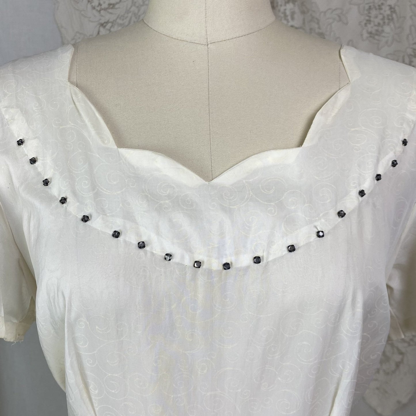 Vintage 1940's Maxi Dress | Semi-Sheer Cream Organza with Swirl Pattern & Rhinestones | Size M, LG - Daggers & Dames