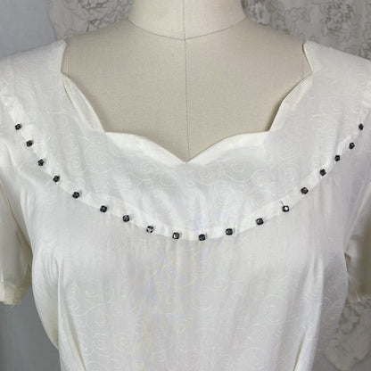 Vintage 1940's Maxi Dress | Semi-Sheer Cream Organza with Swirl Pattern & Rhinestones | Size M, LG - Daggers & Dames
