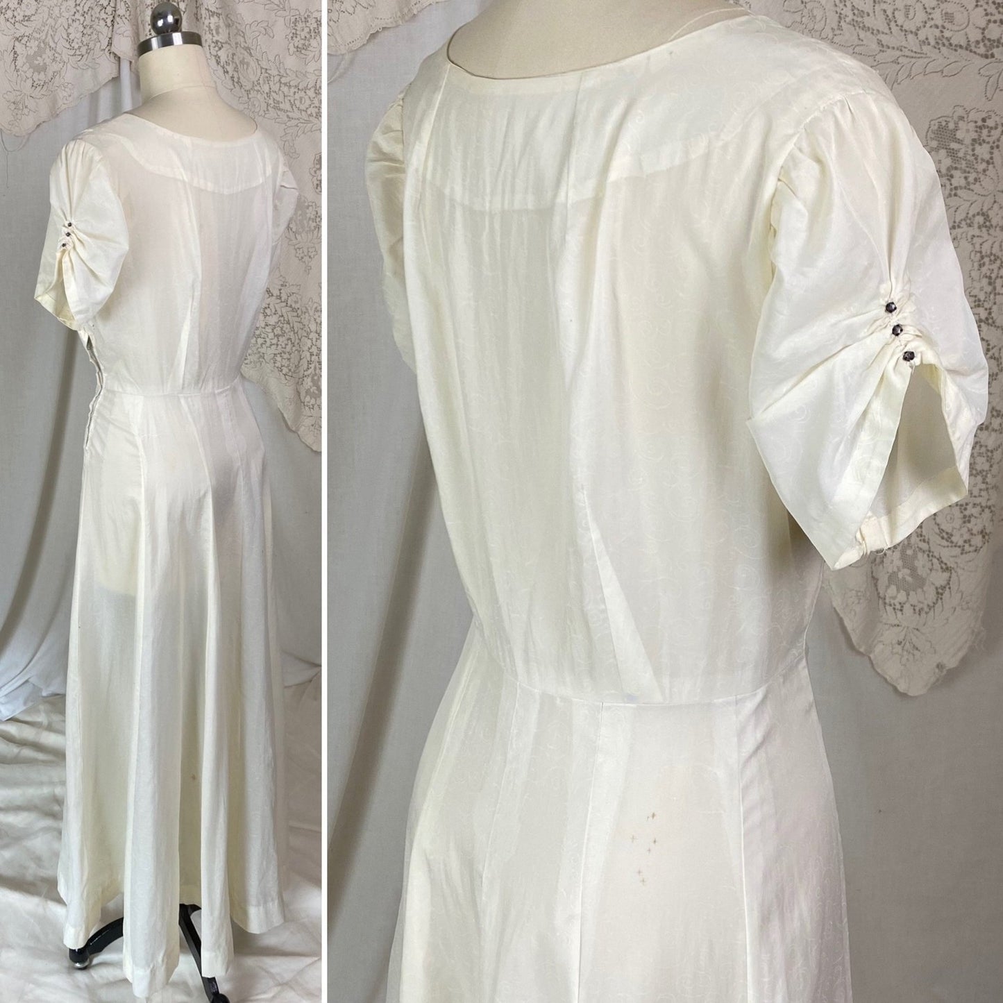 Vintage 1940's Maxi Dress | Semi-Sheer Cream Organza with Swirl Pattern & Rhinestones | Size M, LG - Daggers & Dames