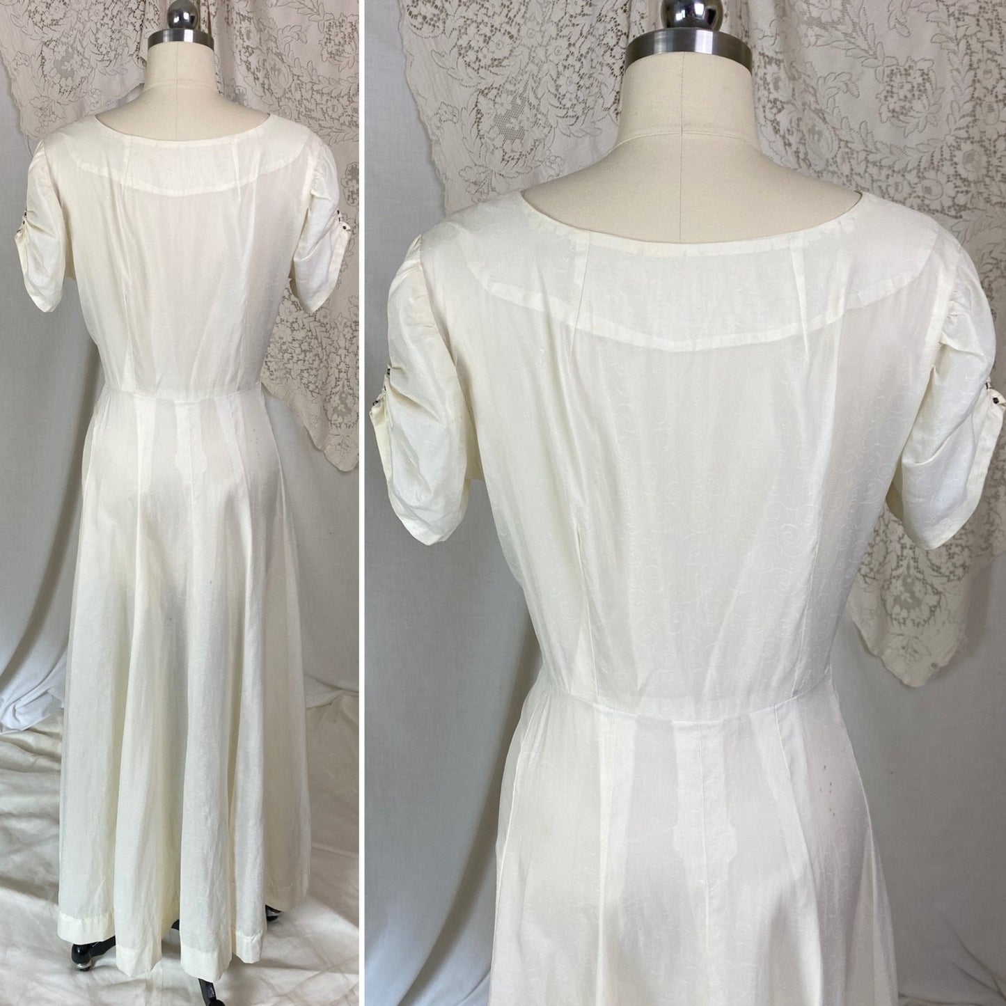 Vintage 1940's Maxi Dress | Semi-Sheer Cream Organza with Swirl Pattern & Rhinestones | Size M, LG - Daggers & Dames