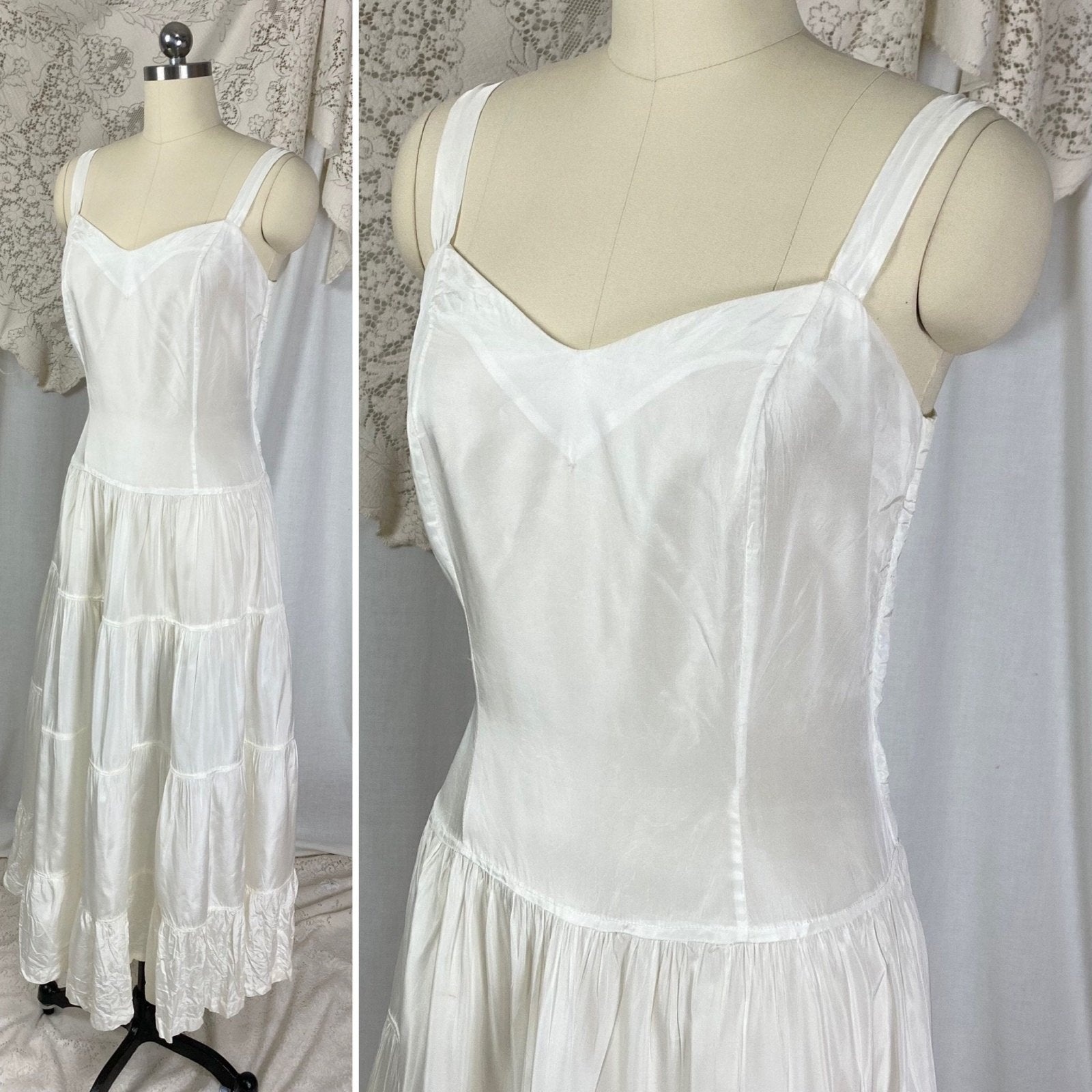 Vintage 1940's Maxi Slip Dress | Crisp White Rayon Taffeta with Tiered Ruffle Skirt | Size M - Daggers & Dames
