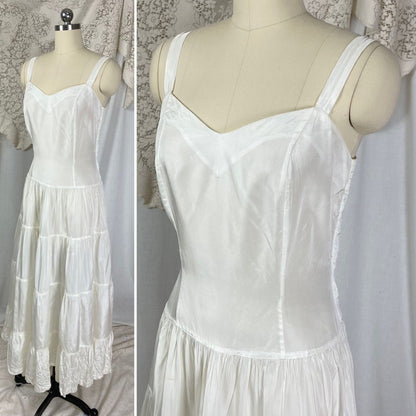 Vintage 1940's Maxi Slip Dress | Crisp White Rayon Taffeta with Tiered Ruffle Skirt | Size M - Daggers & Dames