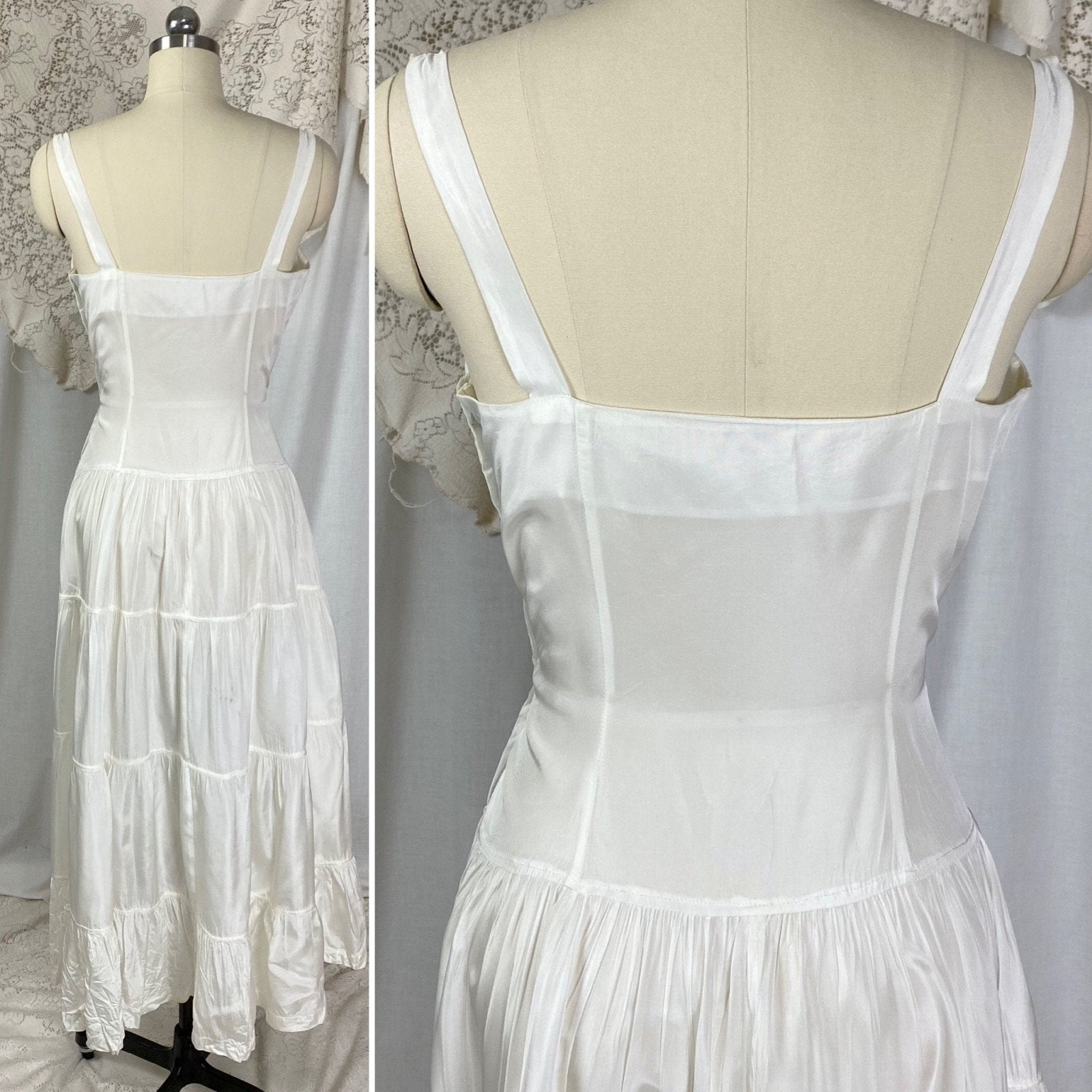 Vintage 1940's Maxi Slip Dress | Crisp White Rayon Taffeta with Tiered Ruffle Skirt | Size M - Daggers & Dames