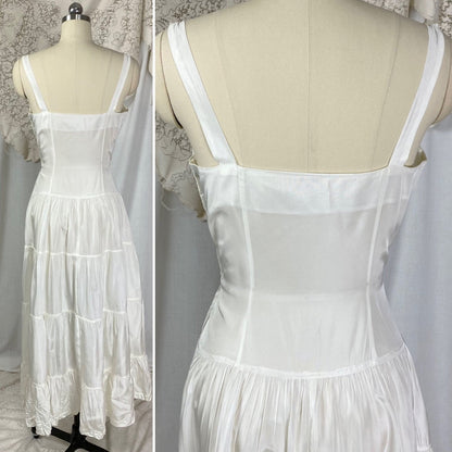 Vintage 1940's Maxi Slip Dress | Crisp White Rayon Taffeta with Tiered Ruffle Skirt | Size M - Daggers & Dames
