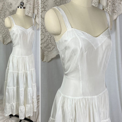 Vintage 1940's Maxi Slip Dress | Crisp White Rayon Taffeta with Tiered Ruffle Skirt | Size M - Daggers & Dames
