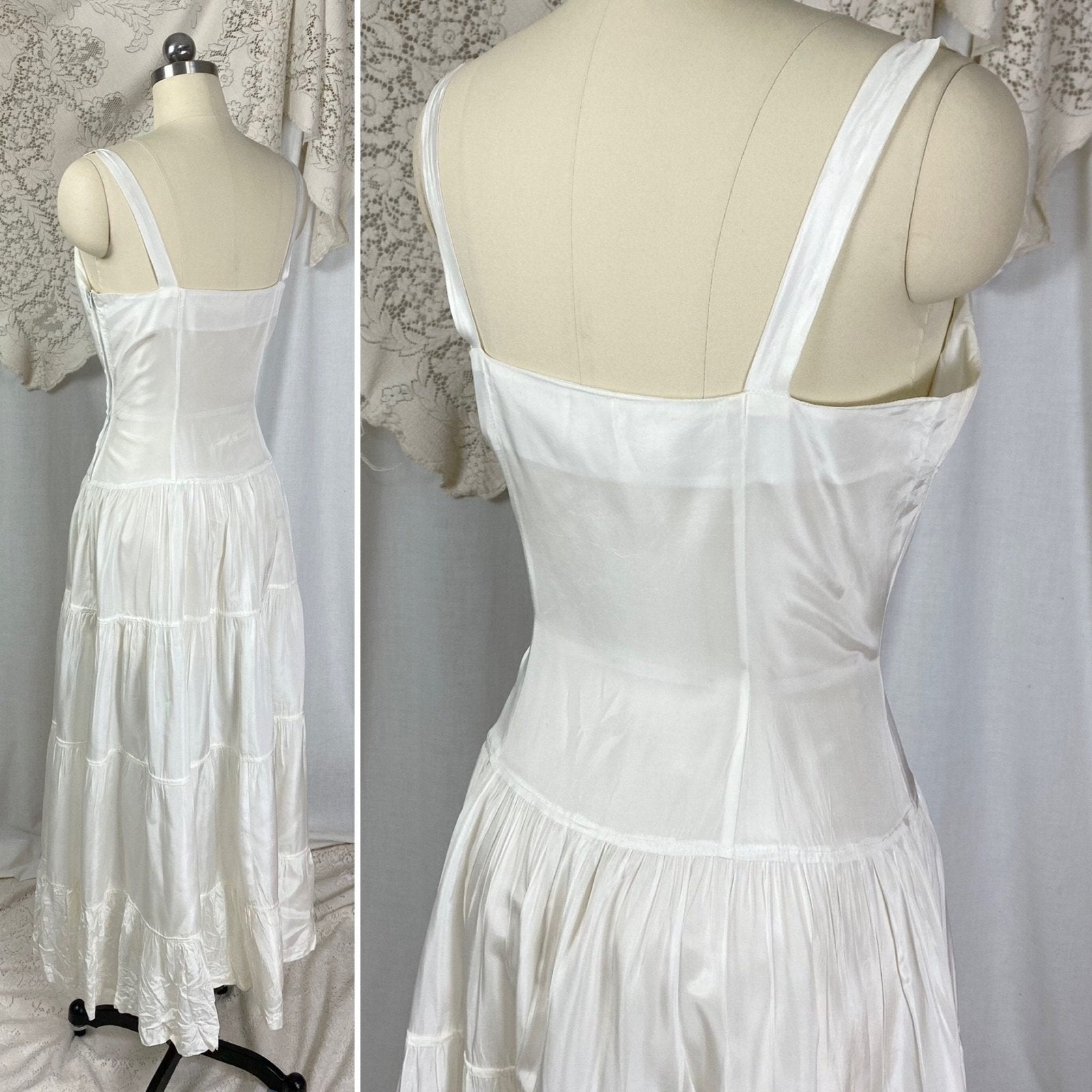 Vintage 1940's Maxi Slip Dress | Crisp White Rayon Taffeta with Tiered Ruffle Skirt | Size M - Daggers & Dames