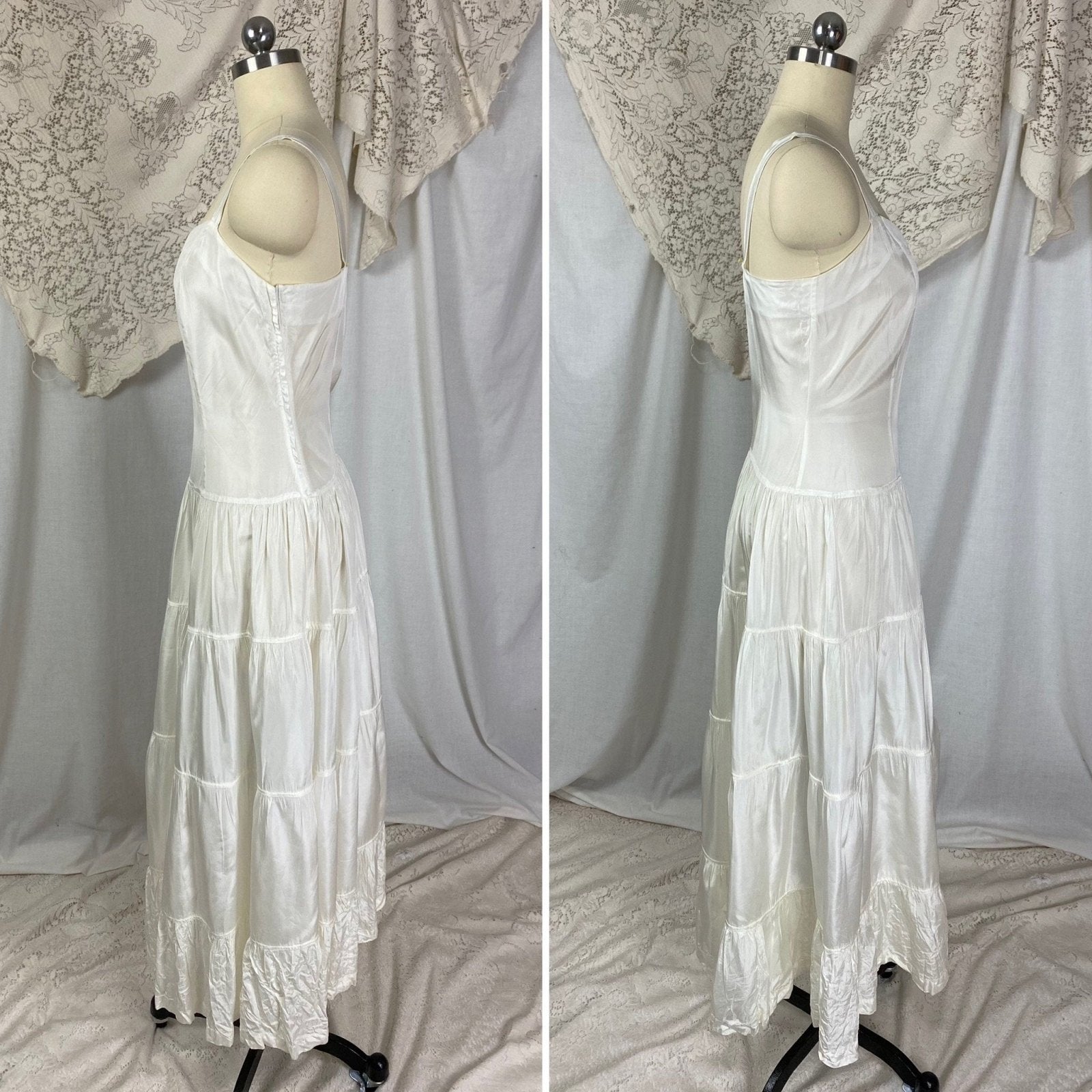 Vintage 1940's Maxi Slip Dress | Crisp White Rayon Taffeta with Tiered Ruffle Skirt | Size M - Daggers & Dames