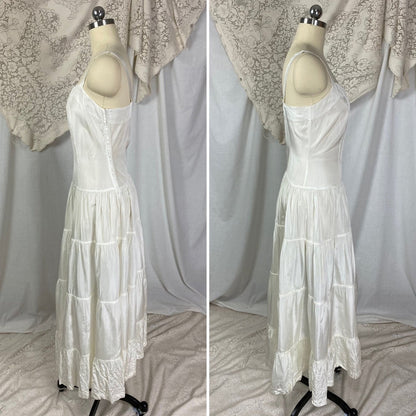 Vintage 1940's Maxi Slip Dress | Crisp White Rayon Taffeta with Tiered Ruffle Skirt | Size M - Daggers & Dames