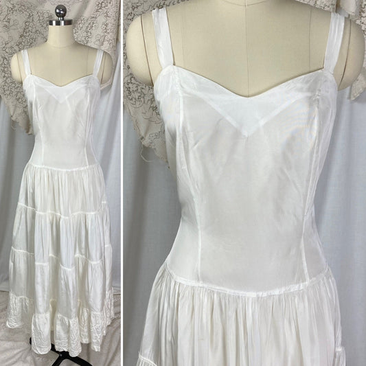 Vintage 1940's Maxi Slip Dress | Crisp White Rayon Taffeta with Tiered Ruffle Skirt | Size M - Daggers & Dames