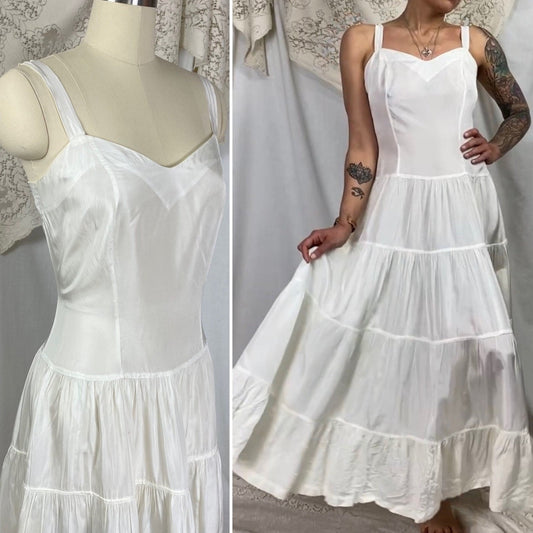 Vintage 1940's Maxi Slip Dress | Crisp White Rayon Taffeta with Tiered Ruffle Skirt | Size M - Daggers & Dames
