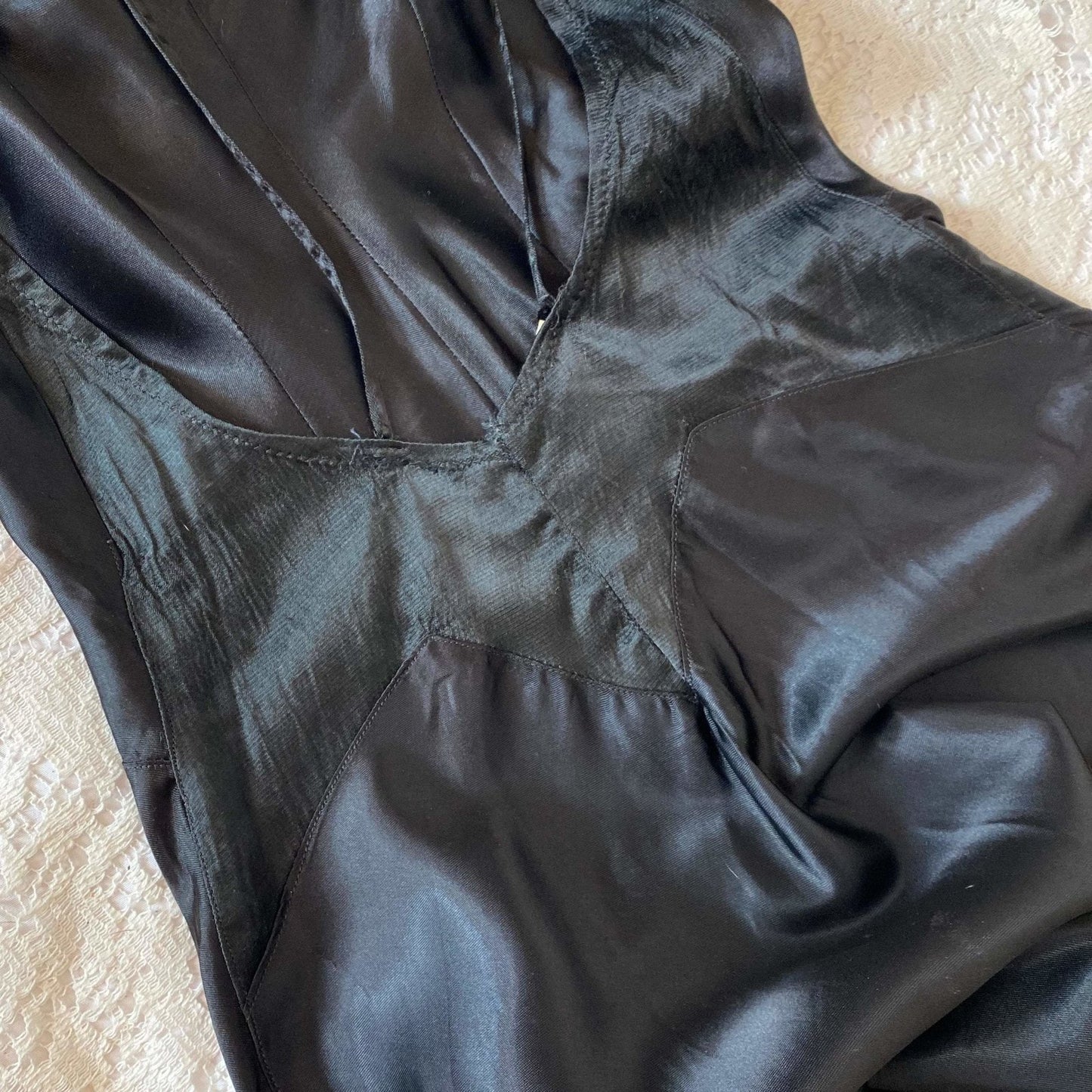 Vintage 1940's Maxi Slip | Inky Black Rayon Satin with Low Back | Size XXS | Sullette - Daggers & Dames