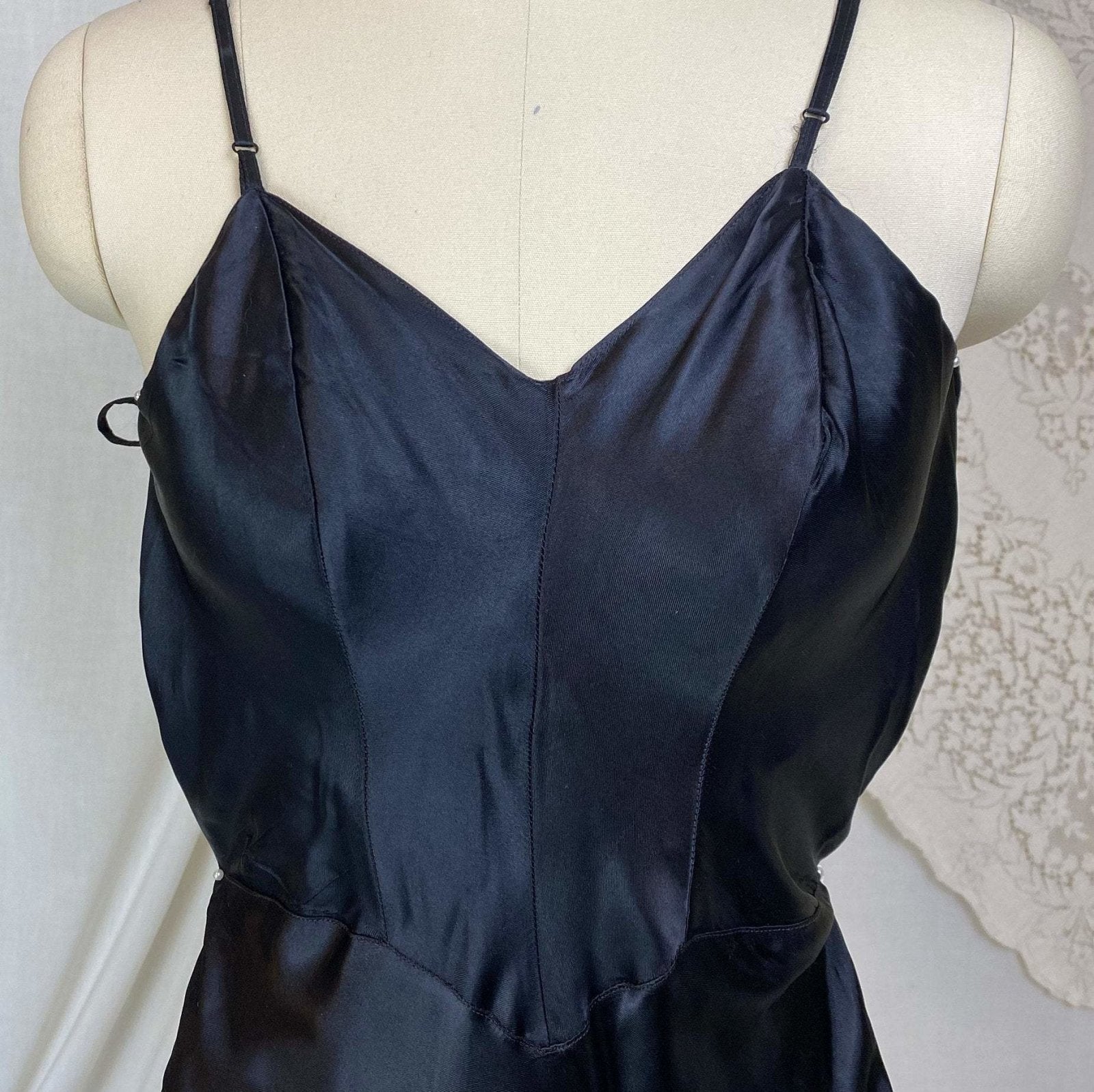 Vintage 1940's Maxi Slip | Inky Black Rayon Satin with Low Back | Size XXS | Sullette - Daggers & Dames