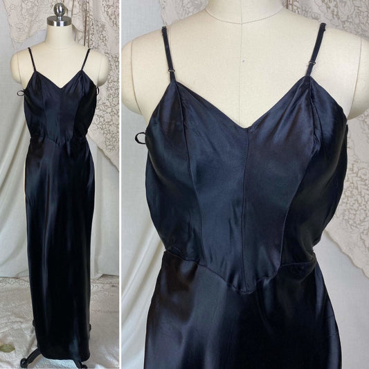 Vintage 1940's Maxi Slip | Inky Black Rayon Satin with Low Back | Size XXS | Sullette - Daggers & Dames