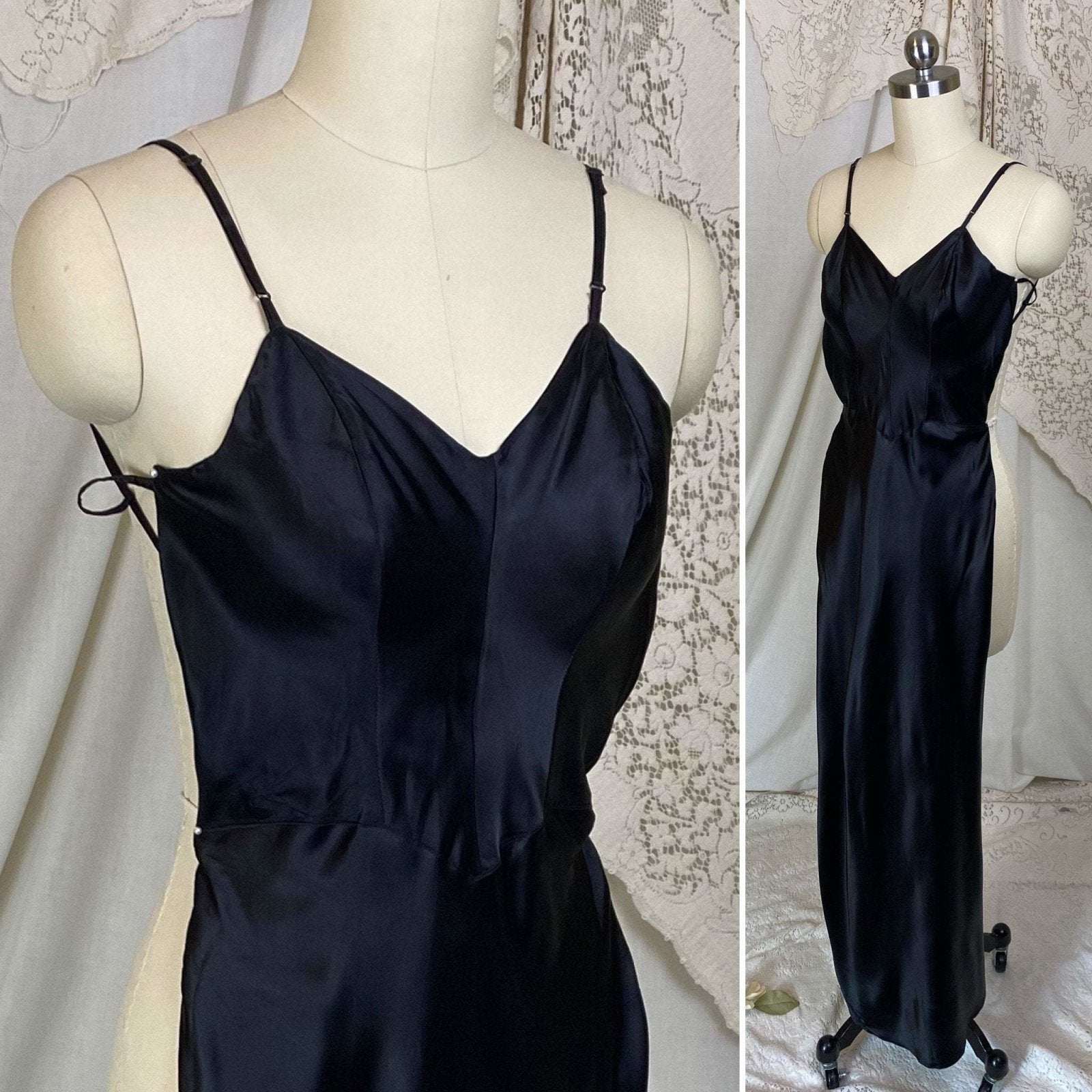 Vintage 1940's Maxi Slip | Inky Black Rayon Satin with Low Back | Size XXS | Sullette - Daggers & Dames