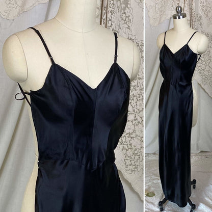 Vintage 1940's Maxi Slip | Inky Black Rayon Satin with Low Back | Size XXS | Sullette - Daggers & Dames