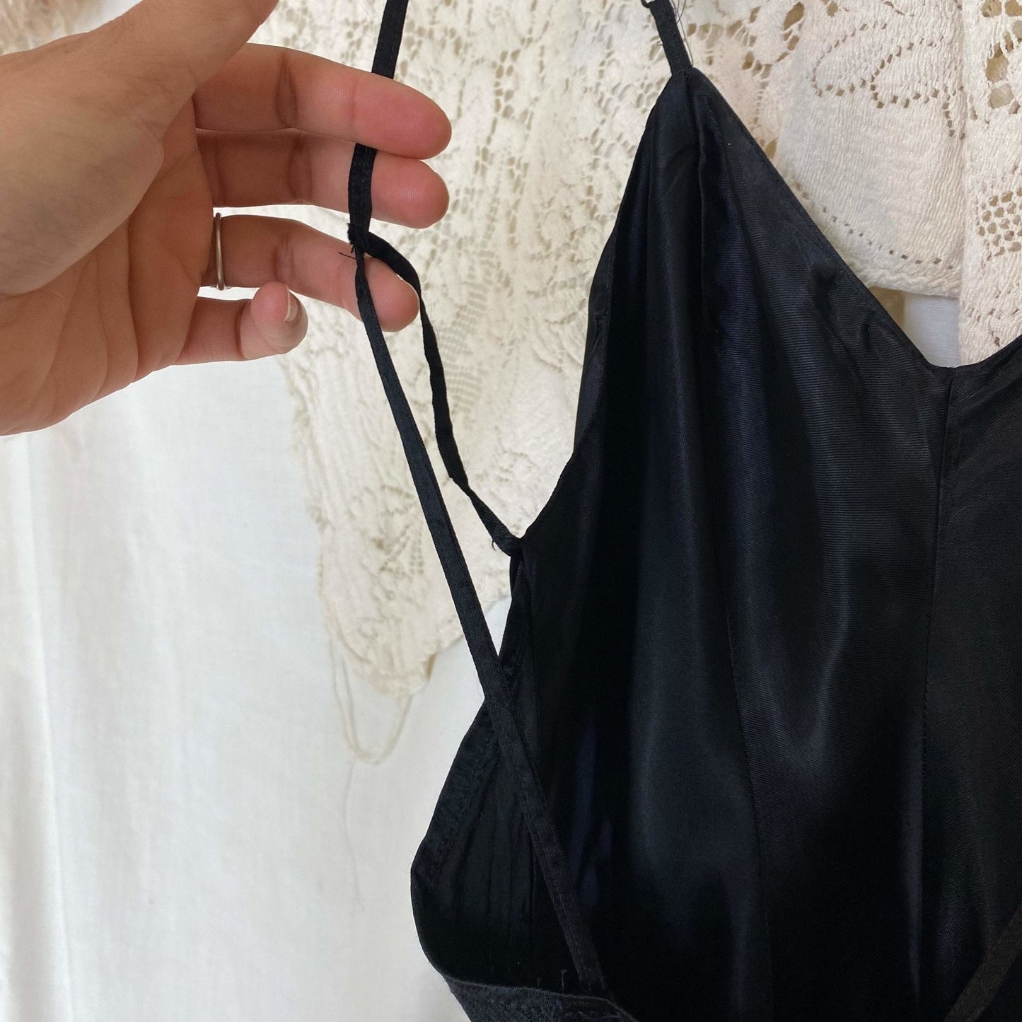 Vintage 1940's Maxi Slip | Inky Black Rayon Satin with Low Back | Size XXS | Sullette - Daggers & Dames
