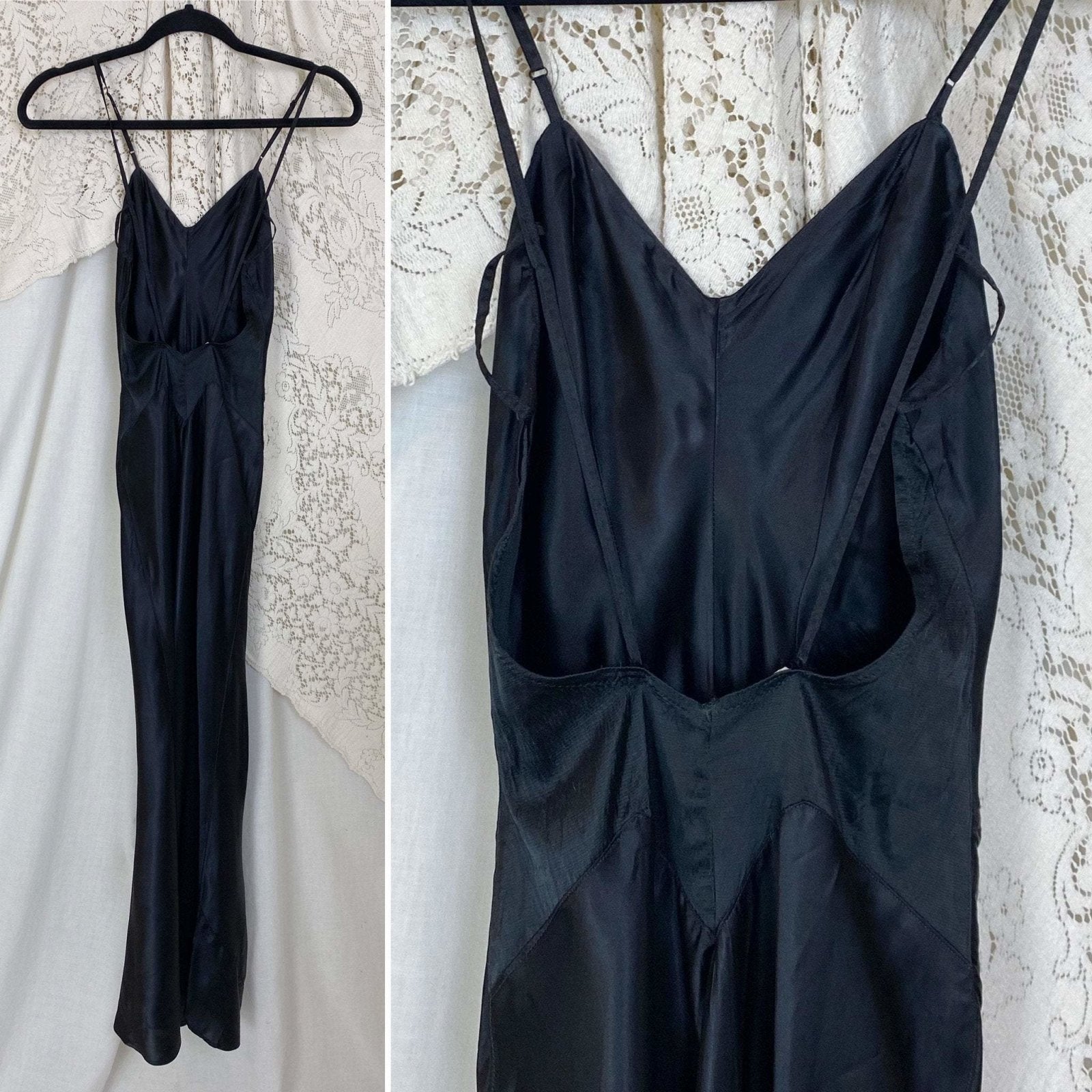 Vintage 1940's Maxi Slip | Inky Black Rayon Satin with Low Back | Size XXS | Sullette - Daggers & Dames