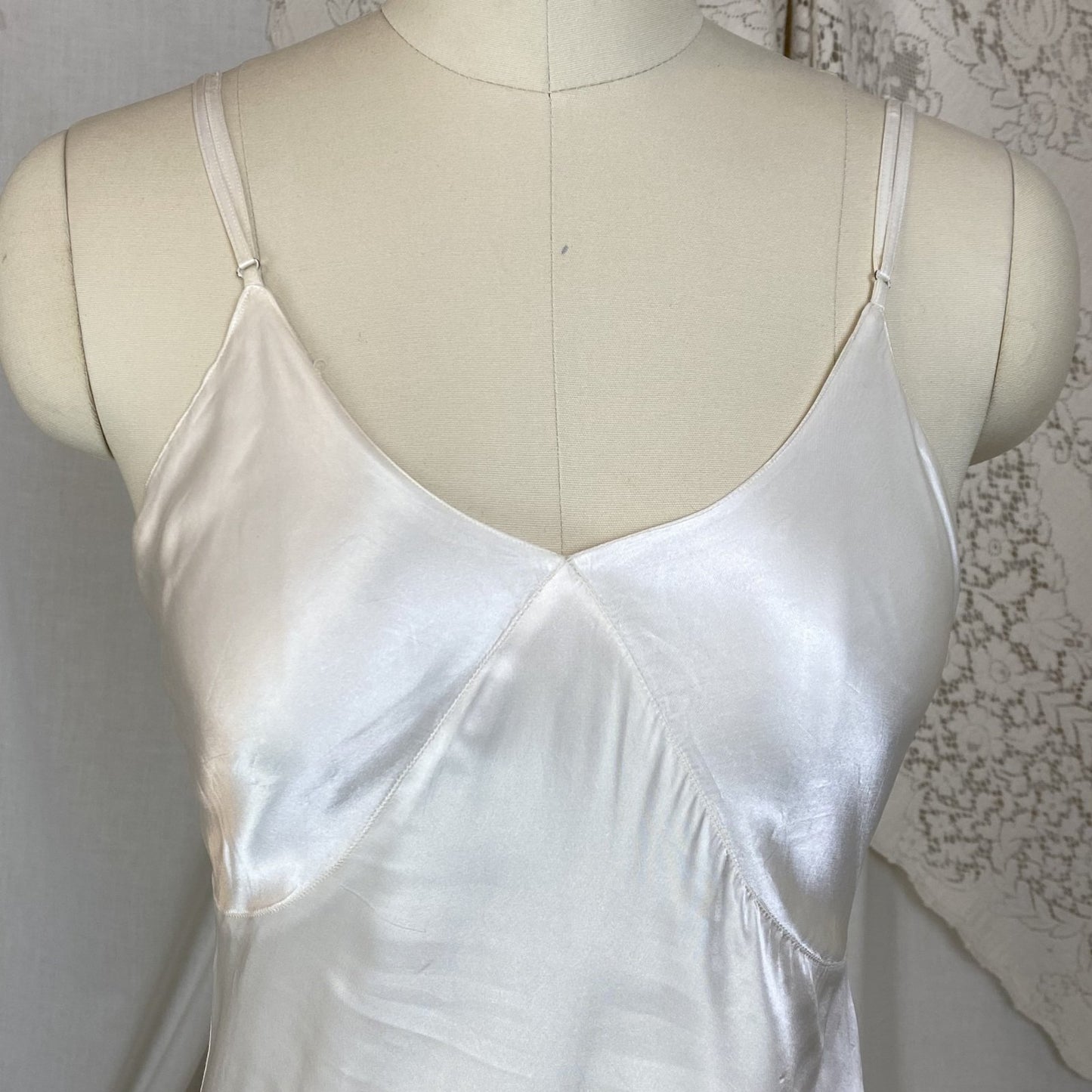 Vintage 1940's Maxi Slip | Pearly White Rayon Satin with Low Back | Size XXS, XS | Laura Lane - Daggers & Dames