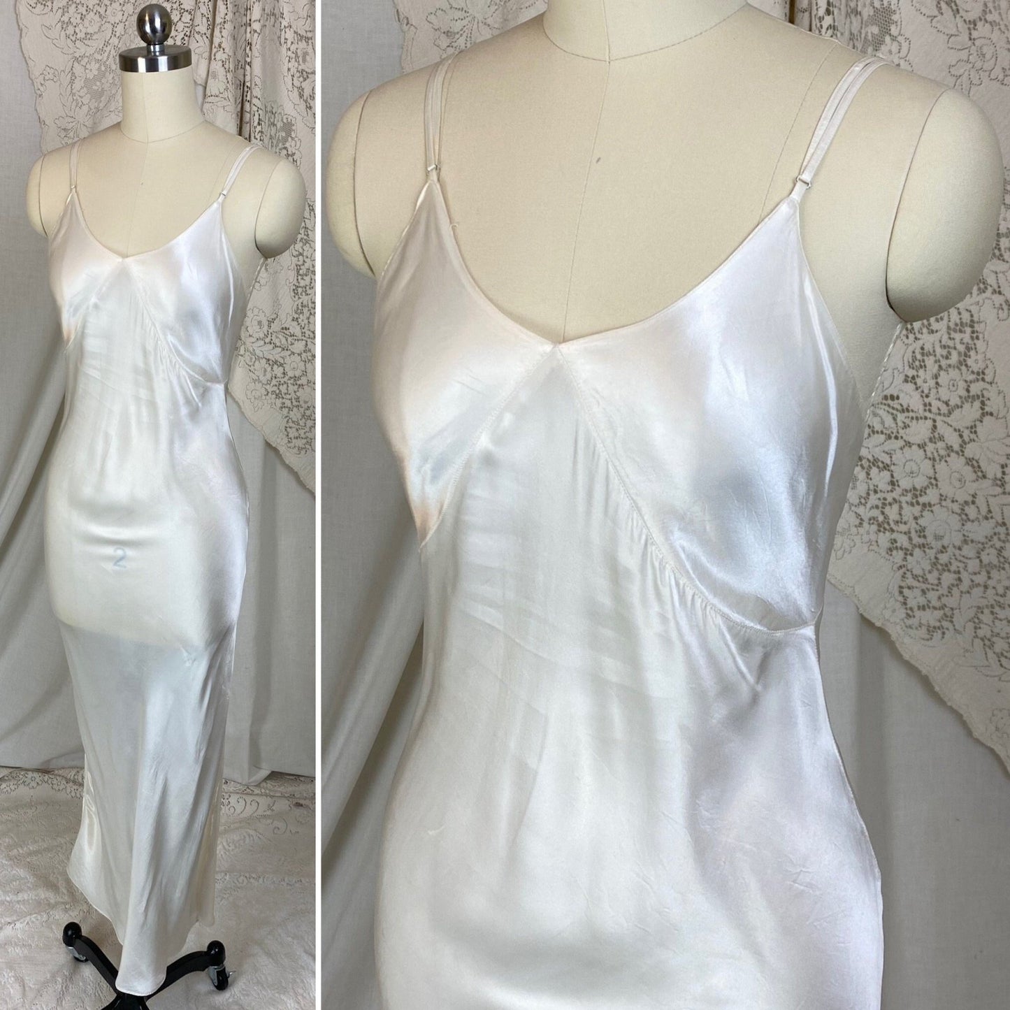 Vintage 1940's Maxi Slip | Pearly White Rayon Satin with Low Back | Size XXS, XS | Laura Lane - Daggers & Dames