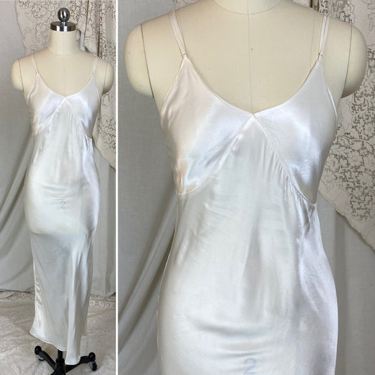 Vintage 1940's Maxi Slip | Pearly White Rayon Satin with Low Back | Size XXS, XS | Laura Lane - Daggers & Dames