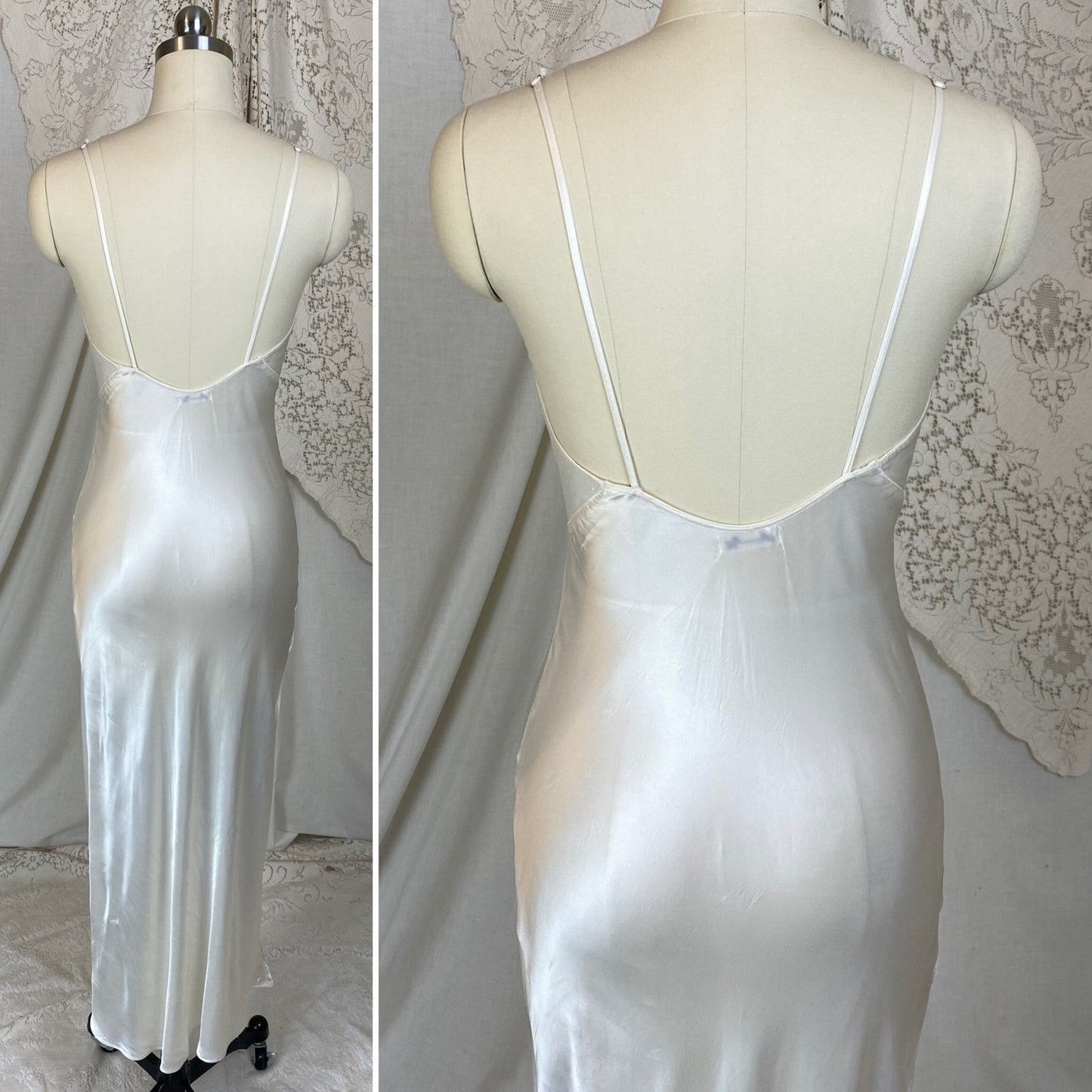Vintage 1940's Maxi Slip | Pearly White Rayon Satin with Low Back | Size XXS, XS | Laura Lane - Daggers & Dames