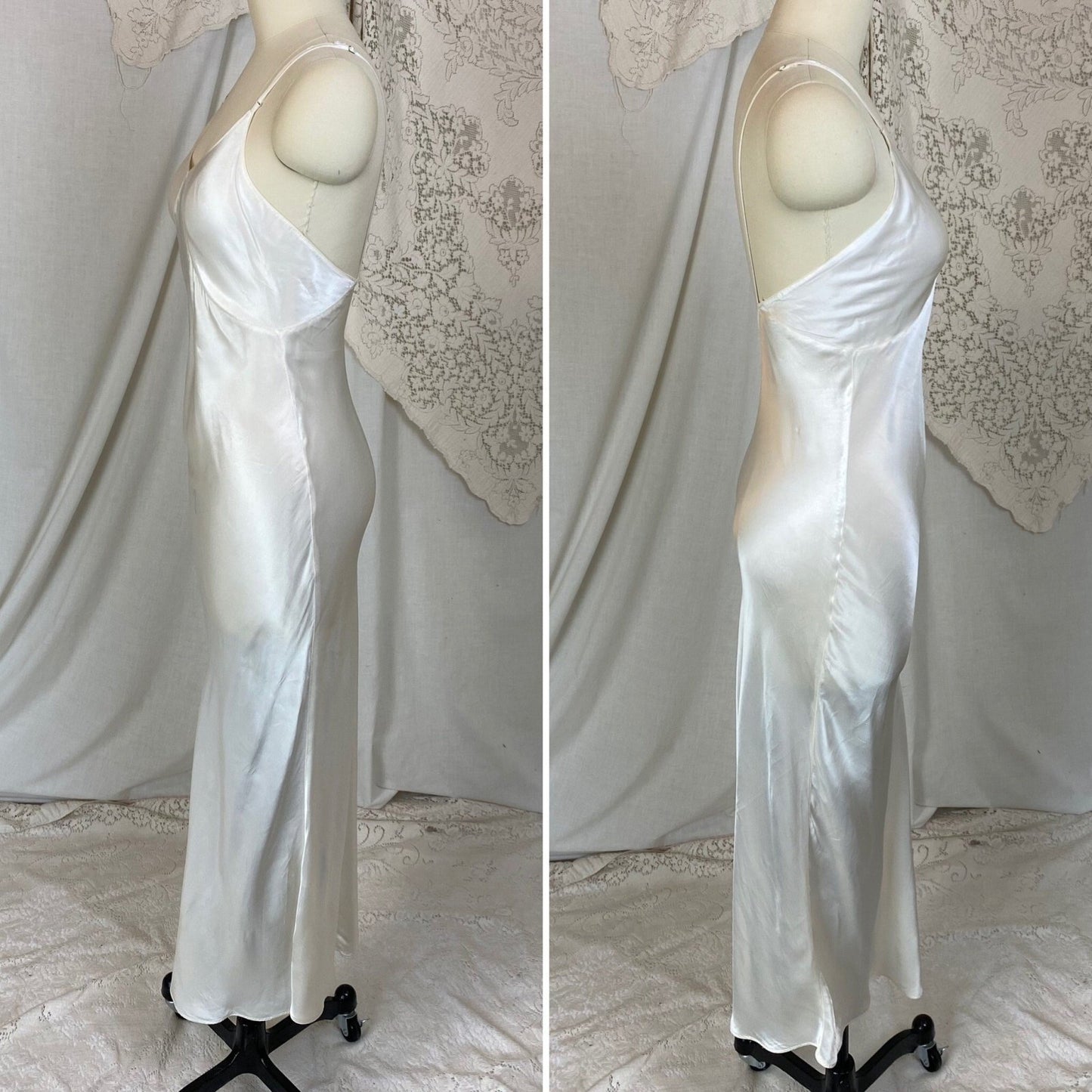 Vintage 1940's Maxi Slip | Pearly White Rayon Satin with Low Back | Size XXS, XS | Laura Lane - Daggers & Dames