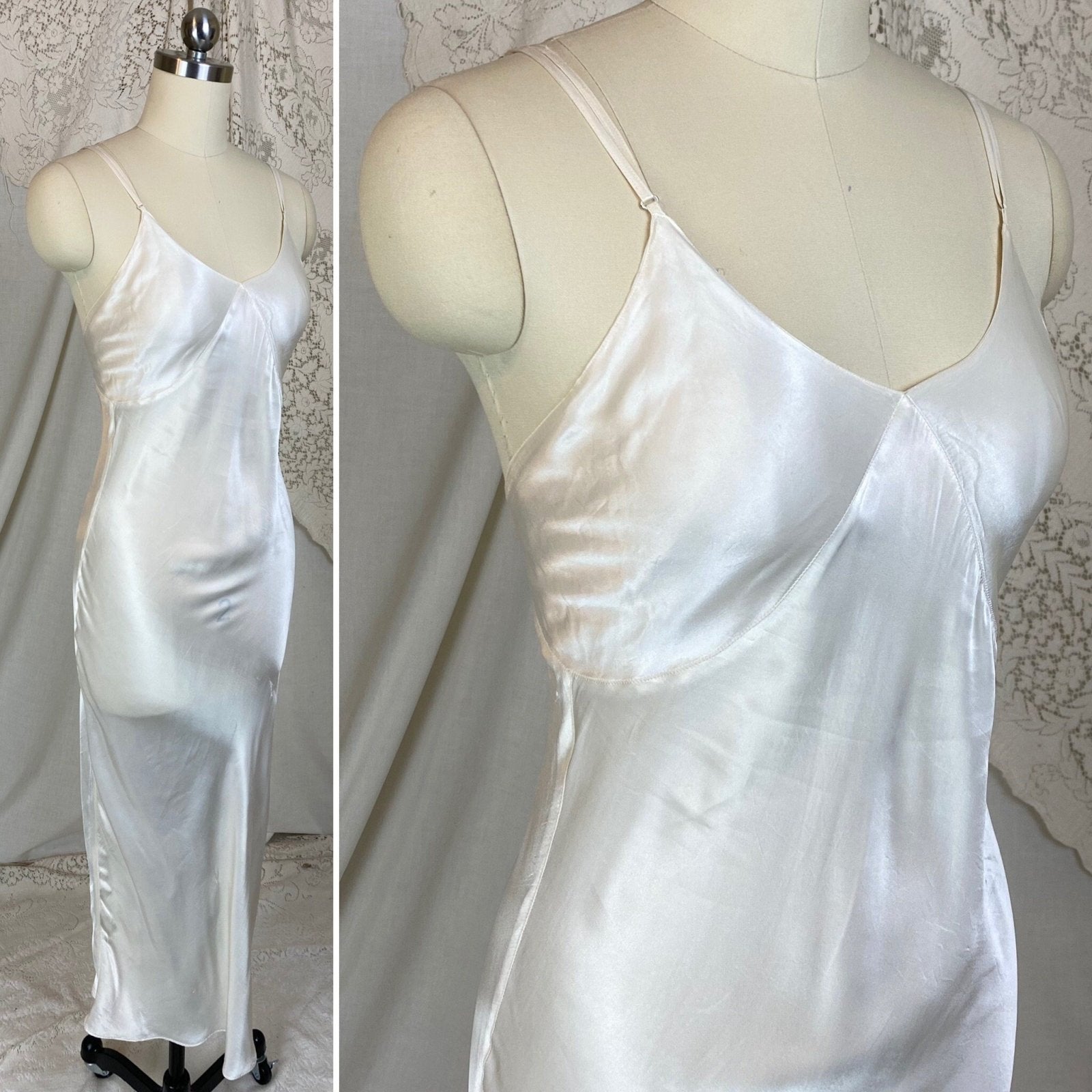 Vintage 1940's Maxi Slip | Pearly White Rayon Satin with Low Back | Size XXS, XS | Laura Lane - Daggers & Dames